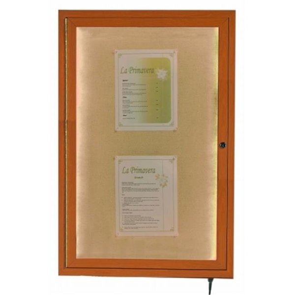 Aarco Aarco Products  Inc. LWL3624O Indoor/Outdoor LED Lighted Display Case with Oak Wood-Look Finish. Posting Surface is Neutral Burlap Weave Vinyl. 36 in.Hx24 in.W. One Door. LWL3624O